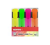Kores - Bright Liner Plus : Surligneurs Fluorescents de Couleur, Pointe Biseautée et Encre à Base d'Eau, Forme Ergonomique, Fournitures Scolaires et de Bureau, Paquet de 4 Couleurs Assorties