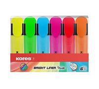 Kores - Bright Liner Plus : Surligneurs Fluorescents de Couleur, Pointe Biseautée et Encre à Base d'Eau, Forme Ergonomique, Fournitures Scolaires et de Bureau, Paquet de 6 Couleurs Assorties