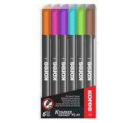 Kores - K-Marker P1 : Marqueurs Permanents de Couleur, Pointe Fine en Fibre, Encre Résistante à l'Eau et à Faible Odeur, pour Toutes les Surfaces, Paquet de 6 Couleurs Assorties