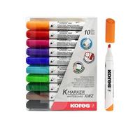 Kores - K-Marker XW2 : Marqueurs de couleur pour tableau blanc avec pointe biseautée, effaçable à sec et encre à faible odeur, fournitures scolaires et de bureau, lot de 10 couleurs assorties
