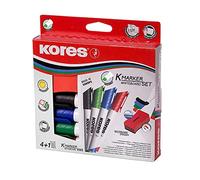Kores - K-Marker XW2 : Marqueurs de Couleur pour Tableau Blanc avec Pointe Biseautée, Encre à Faible Odeur et Effaçable à sec, Paquet de 4 Couleurs Assorties + 1 Effaceur Magnétique
