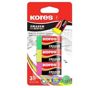 Kores - KE-30 : Gommes en PVC avec pochette en papier pour enfants, étudiants et adultes, non toxiques et adaptées aux enfants, 40 x 21 x 10 mm, lot de 3 en couleurs néon assorties