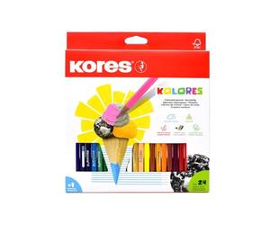 Kores - Kolores : 24 Crayons de Couleur pour Enfants, Débutants et Adultes avec Mine Tendre et Forme Triangulaire, Paquet de 24 Couleurs Assorties et Taille-Crayon Inclus