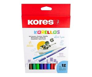 Kores - Korellos : 12 Feutres de Couleur pour Enfants et Adultes à Pointe Fine, Lavables et Durables, Fournitures Scolaires, Paquet de 12 Couleurs Assorties