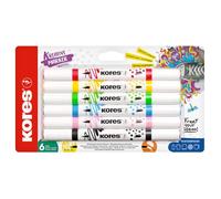 Kores - Kreative Marker - Marqueurs Acryliques Double Pointe - Set de 6 Couleurs - Pointe Pinceau et Cône pour Papier, Bois, Verre, Toile, Pierre, Tissu, Céramique - Sans Secouer - 6 Pièces