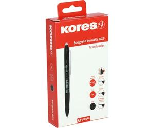 Kores - Lot de 12 stylos effaçables noirs BG5, encre gel, pointe 0,7 mm | Idéal pour la rentrée scolaire et le bureau. Conçu pour les étudiants et les adversaires qui ont besoin de notes propres et