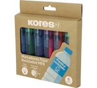 Kores - Lot de 6 surligneurs fluorescents Kores MFR - Surligneurs recyclés | Fabriqués avec 78 % de plastique recyclé, 6 couleurs intenses, 4 heures de protection anti-séchage, double trait de 1 à 4 mm