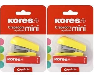 Kores - Mini agrafeuse jaune + 1 000 agrafes 24/6, compatible avec 26/6, capacité 12 feuilles papier 80 g, 6 x 4,5 x 3 cm, distance agrafée 17 mm, idéal comme matériel de bureau, parfait pour trousse