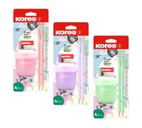 Kores - Set de papeterie pastel - 2 crayons HB, taille-crayon double avec réservoir et gomme - Vert menthe, rose et lilas