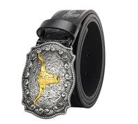 KorhLeoh Ceinture à boucle de cow-boy en cuir occidental pour hommes, femmes, jeans, ceinture à boucle florale gravée Longhorn Bull Texas (taille de 69 à 104 cm)