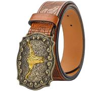 KorhLeoh Ceinture à boucle de cow-boy en cuir occidental pour hommes, femmes, jeans, ceinture à boucle florale gravée Longhorn Bull Texas (taille de 69 à 104 cm)