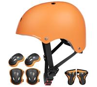 KORIMEFA Casque Vélo Enfant Set de Protection Roller pour Enfants Filles Garçons 3-13 Ans Casque Réglable Coudières Genouillère Protège-Poignets Protection Trottinette Skateboard (Orange, M)