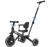 KORIMEFA Vélo d'équilibre pour Enfants, Tricycle à 3 Roues pour Enfants de 1 à 3 Ans, poignée de poussée, pédale Amovible, Dossier, poignée de Direction pour Les Parents, Premier Anniversaire (Noir)