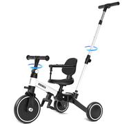 KORIMEFA Vélo d'équilibre pour Enfants, Tricycle à 3 Roues pour Enfants de 1 à 3 Ans, poignée de poussée, pédale Amovible, Dossier, poignée de Direction pour Les Parents, Premier Anniversaire (Blanc)