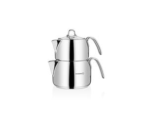 Korkmaz Perla A029 Théière turque pour cuisinière, double théière en acier inoxydable 18/10 avec poignées résistantes à la chaleur, bouilloire et théière de style Samovar avec 1800 ml et 3200 ml