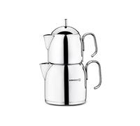 Korkmaz Théière turque Pera A281 pour cuisinière, double théière en acier inoxydable 18/10 avec poignées résistantes à la chaleur, bouilloire à thé de style Samovar avec 650 ml et 1200 ml