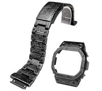 Korlexchi MOD Kit de boîtier et bracelet en acier inoxydable compatibles avec Casio DW-H5600, remplacement avec texture rétro sculptée 3D - Montre pour homme DWH5600 et lunette (noir, DW-H5600)