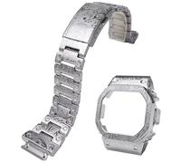 Korlexchi MOD Kit de boîtier et bracelet en acier inoxydable compatibles avec Casio DW-H5600, remplacement avec texture rétro sculptée 3D - Bracelet et lunette pour homme DWH5600 (ensemble argenté