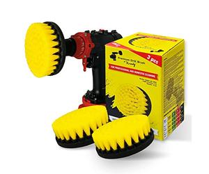Kornely Brosse Perceuse, Semi-Souple Set 3 pièces, Jaune, Carrelage & Bain | 10x plus efficace, anti-rayures, poils double densité; joints, douches, baignoires, fibre de verre, céramique; tige hex 8 mm