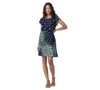 Koroshi Robe courte en satin, manches courtes, encolure ronde, taille avec élastique et fermeture à boutons sur l'épaule, imprimé type foulard de couleur marine, bleu marine, bleu, Medium