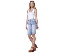 Koroshi Short élastique bleu clair, taille moyenne et cinq poches avec fermeture éclair et bouton métallique. Bas avec double tour et patch en tissus brodés, bleu, 34