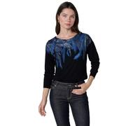 Koroshi T-shirt noir à manches longues avec imprimé plumes et détails Foil sur le décolleté et les épaules pour femme de couleur noire