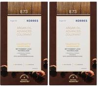 KORRES Colorant à l'huile d'argan - Sans ammoniaque - Golden Caramel 8.73 - Couverture 100% des cheveux gris et végétalien pour un résultat de couleur longue durée (Lot de 2)