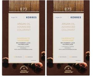 KORRES Colorant à l'huile d'argan - Sans ammoniaque - Golden Caramel 8.73 - Couverture 100% des cheveux gris et végétalien pour un résultat de couleur longue durée (Lot de 2)