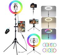 KOSCHEAL Anneau lumineux LED de 30,5 cm avec trépied et support de téléphone de 177,8 cm de haut, anneau lumineux avec télécommande, intensité variable, blanc/RVB, lumière circulaire pour selfie