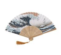 KOSDFOGE Elegant Japanese Style Painted Waves Retro Bamboo Folding Fan For Home Office Decoration (25-blue bones)