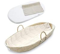 Kosiy BEBE BASK Ensemble de panier à langer de qualité supérieure en jonc de mer fait à la main avec doublure en lin et feuille de luxe - Tapis à langer épais, doux et imperméable en bambou - Matelas