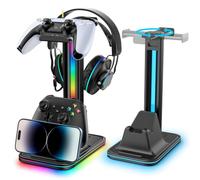 Kosker Support Casque et Manette Gaming Rotatif avec RGB Lumière 7 Couleurs, Socle de Rangement pour Casque et Manette, Support 3-en-1 pour Casque, Accessoire et Organisateur de Bureau Gaming