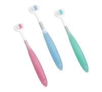 KOSLEOW Brosse à Dents Enfant 3 Faces, Lot de 3, Poils Extra Doux pour Enfants de 1 à 10 Ans, Manche en Silicome avec Gratte-Langue, Sans BPA Bleu, Vert, Rose
