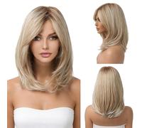 KOSLEOW Perruque Femme Blonde 40cm Mi Longue Naturelle Fibres Synthétiques et Capuche Ajustable, Perruque Blonde à Raie Médiane pour Usage Quotidien et Cosplay