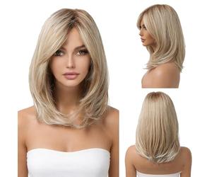 KOSLEOW Perruque Femme Blonde 40cm Mi Longue Naturelle Fibres Synthétiques et Capuche Ajustable, Perruque Blonde à Raie Médiane pour Usage Quotidien et Cosplay