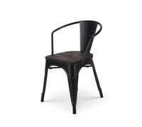 Kosmi - Chaise en métal Noir Mat Style Industriel et Assise en Bois foncé - avec accoudoirs