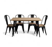 Kosmi Ensemble Table et Chaises Style Industriel, Métal Noir Mat et Bois Naturel, 60x60 à 160x80 cm, Design Factory, pour Salle à Manger et Restaurant (Bois Clair, Table 120x80cm)