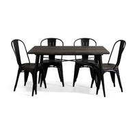 Kosmi Ensemble Table et Chaises Style Industriel, Métal Noir Mat et Bois Naturel, 60x60 à 160x80 cm, Design Factory, pour Salle à Manger et Restaurant (Bois foncé, Table 120x80cm)