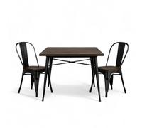 Kosmi Ensemble Table et Chaises Style Industriel, Métal Noir Mat et Bois Naturel, 60x60 à 160x80 cm, Design Factory, pour Salle à Manger et Restaurant (Bois foncé, Table 80x80cm)