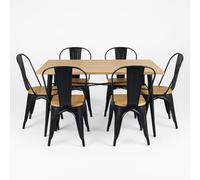 Kosmi Ensemble Table et Chaises Style Industriel, Métal Noir Mat et Bois Naturel, 60x60 à 160x80 cm, Design Factory, pour Salle à Manger et Restaurant (Bois Clair, Table 140x80cm)