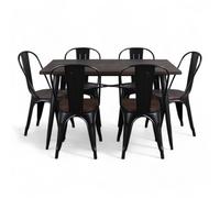 Kosmi Ensemble Table et Chaises Style Industriel, Métal Noir Mat et Bois Naturel, 60x60 à 160x80 cm, Design Factory, pour Salle à Manger et Restaurant (Bois foncé, Table 140x80cm)