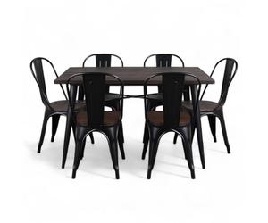 Kosmi Ensemble Table et Chaises Style Industriel, Métal Noir Mat et Bois Naturel, 60x60 à 160x80 cm, Design Factory, pour Salle à Manger et Restaurant (Bois foncé, Table 140x80cm)