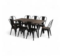 Kosmi Ensemble Table et Chaises Style Industriel, Métal Noir Mat et Bois Naturel, Table 60x60 à 160x80 cm, Design Factory, pour Salle à Manger et Restaurant (Bois foncé, Table160x80cm)