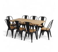 Kosmi Ensemble Table et Chaises Style Industriel, Métal Noir Mat et Bois Naturel, Table 60x60 à 160x80 cm, Design Factory, pour Salle à Manger et Restaurant (Bois Clair, Table160x80cm)