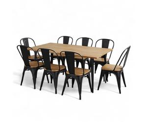 Kosmi Ensemble Table et Chaises Style Industriel, Métal Noir Mat et Bois Naturel, Table 60x60 à 160x80 cm, Design Factory, pour Salle à Manger et Restaurant (Bois Clair, Table160x80cm)
