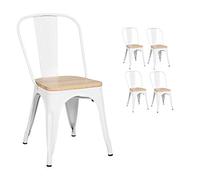 Kosmi Lot de 4 chaises en métal Blanc Mat et Assise en Bois Clair - Style Industriel