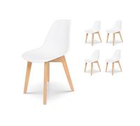 KOSMI - Lot de 4 Chaises Blanches Style scandinave modèle Tulip avec Coque en résine Blanche et Pieds en Bois Naturel Bois Naturel