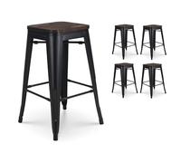 Kosmi Lot de 4 tabourets de Bar en métal Noir Mat Style Industriel et Assise en Bois foncé - Hauteur 66cm