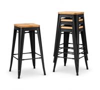 KOSMI Lot de 4 Tabourets de Bar Industriels 76 cm - Métal Noir Mat et Assise en Bois Elm Naturel Clair - Empilables - Tabourets Hauts pour Îlot Central, Cuisine, Snack, Bar, Restaurant - Charge 120 kg