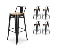 Kosmi Lot de 4 Tabourets de Bar Industriels Hauteur 76 cm avec Dossier - Métal Noir Mat et Assise Bois Clair Naturel - Chaises de Bar pour Îlot de Cuisine, Snack, Mange-Debout, Restaurant